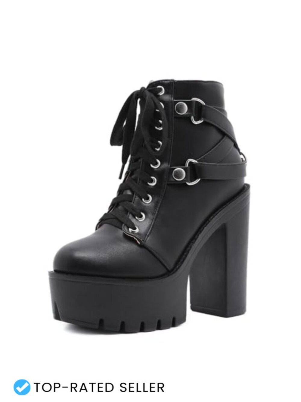 PU Leather Platform High Heel Combat Ankle Boots with Side Zipper Lace Up